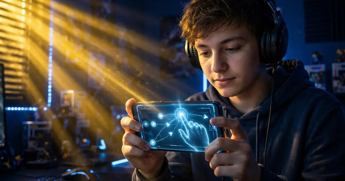 Gamer holding a phone with a glowing tutorial guide