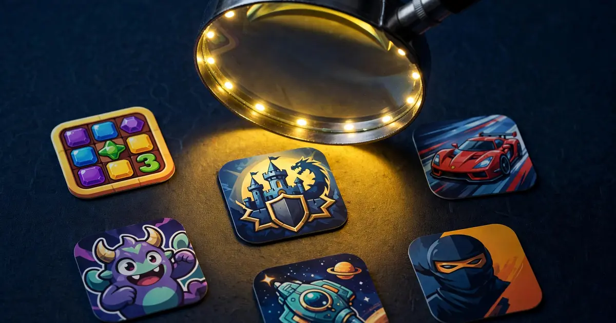 Magnifying glass inspecting mobile gaming app icons