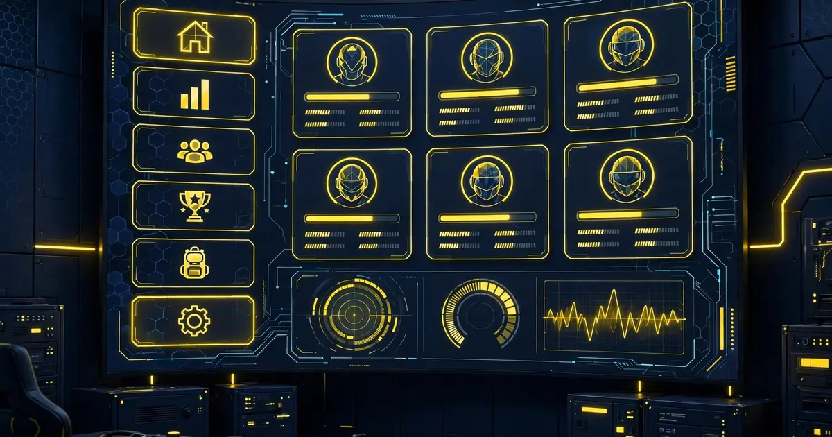 Futuristic gaming app dashboard with menu panels on a large screen