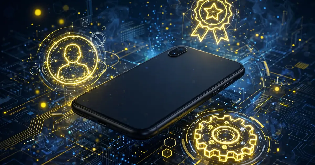 Smartphone surrounded by floating feature icons
