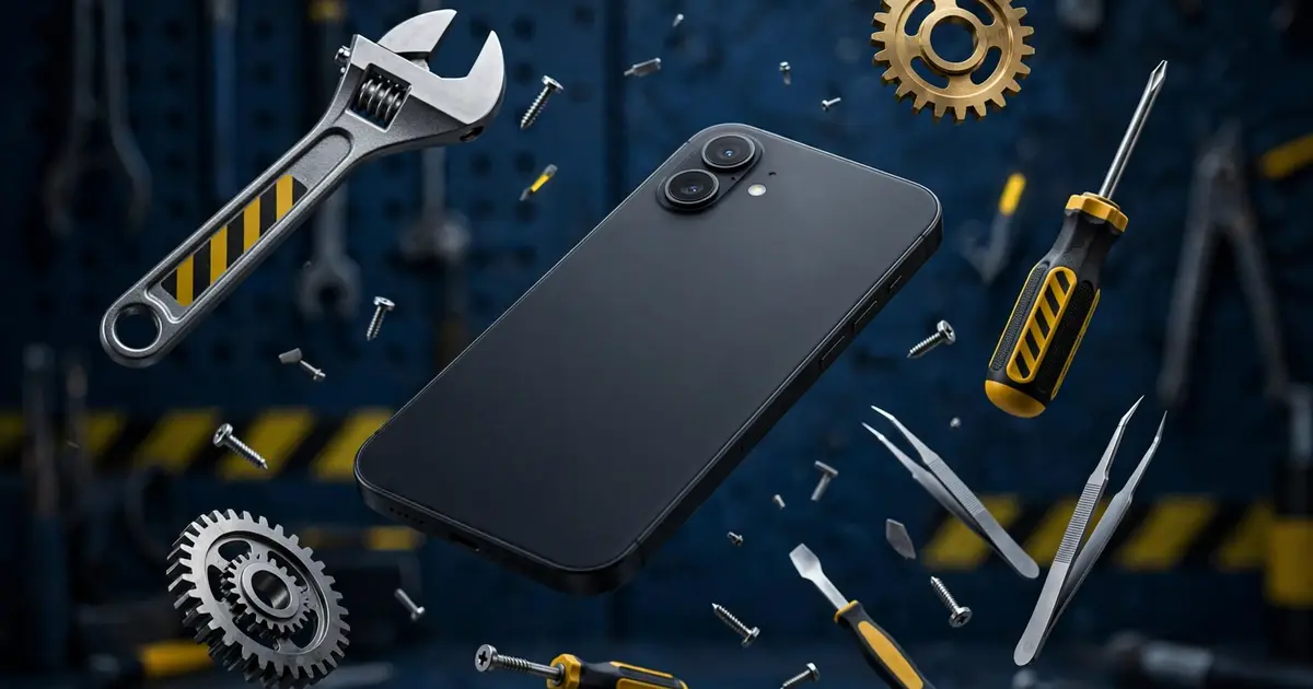 Smartphone with repair tools floating around it