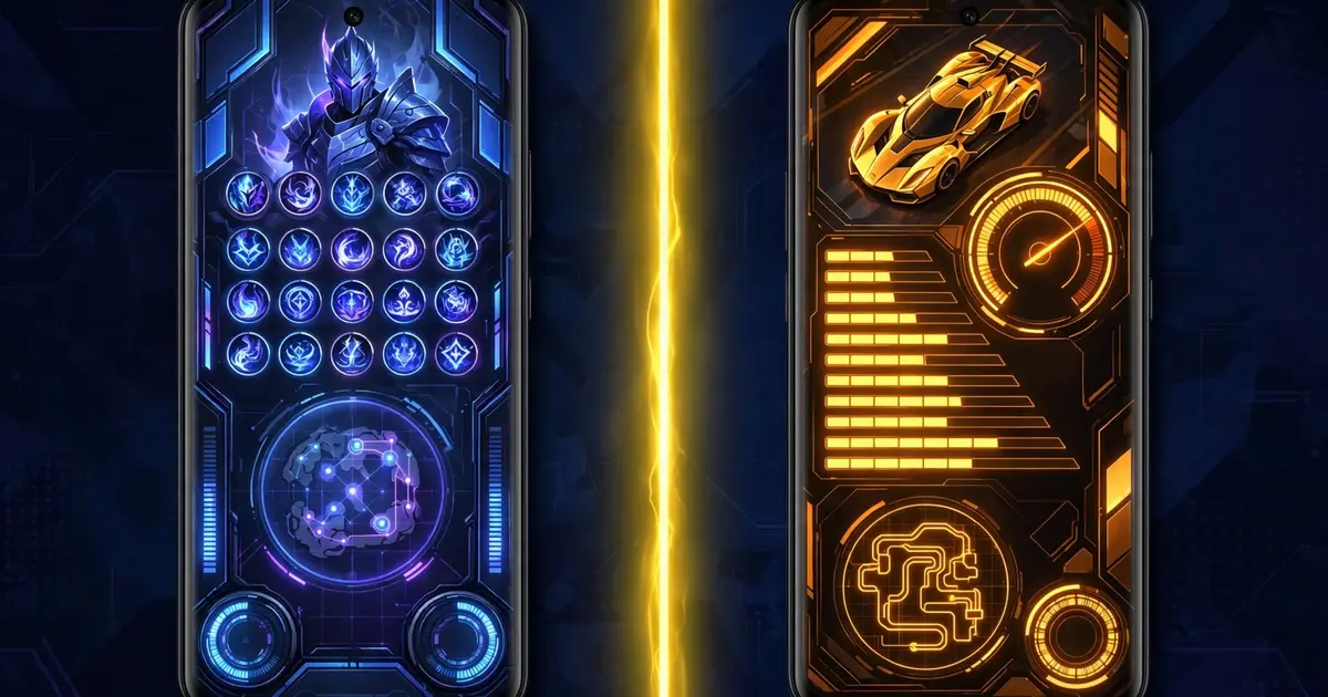 Two smartphones side by side showing different gaming app dashboards