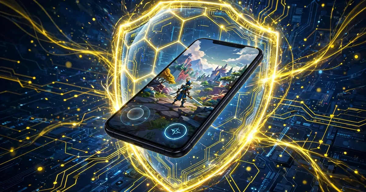 Digital shield protecting a smartphone on a dark cyber background