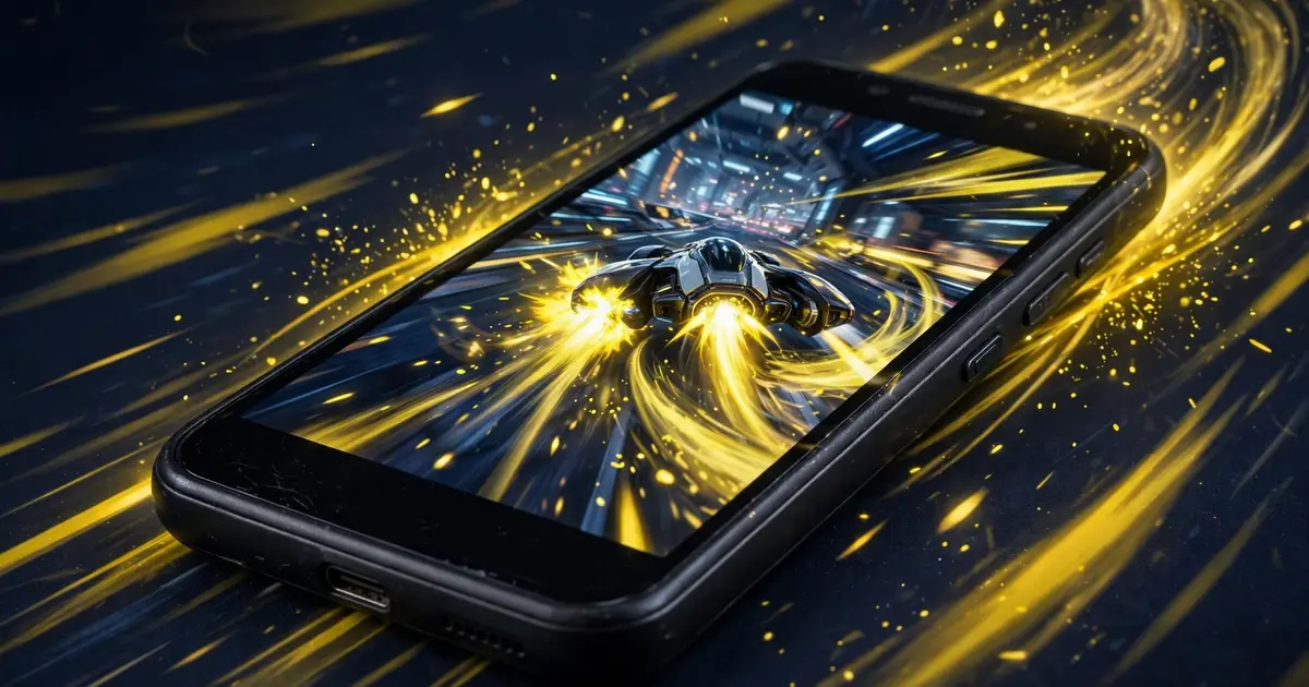 Budget Android phone running a fast mobile game with speed effects
