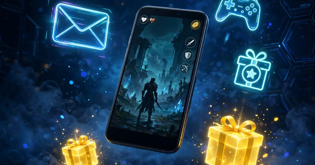 Smartphone with game inbox mail and gift redeem icons