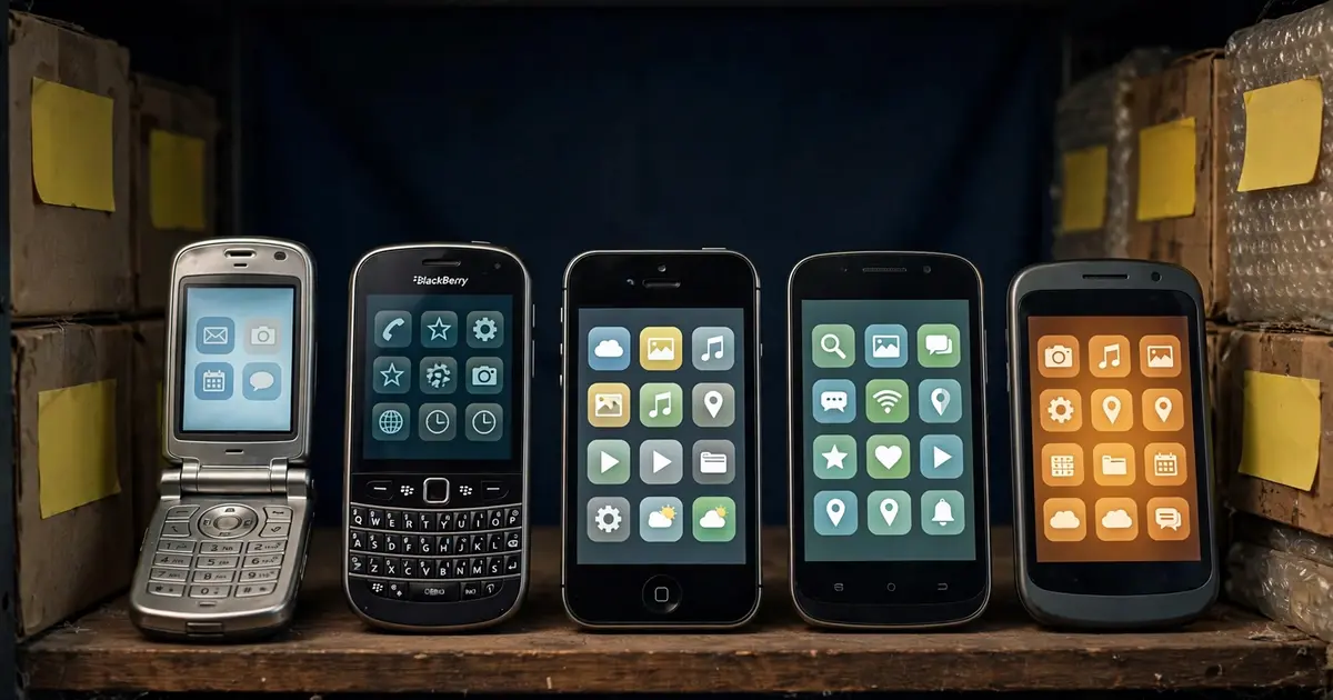Row of older smartphones in an archive vault