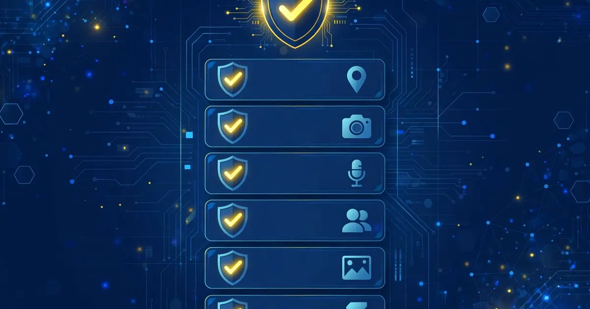 Phone showing an app permission list with shield checkmarks