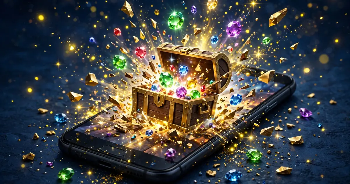 Game reward gems bursting from a treasure chest on a phone